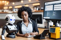 A robot assisting a customer care agent. Image generated using Playground AI. Prompt supplied by Muhammed Akinyemi