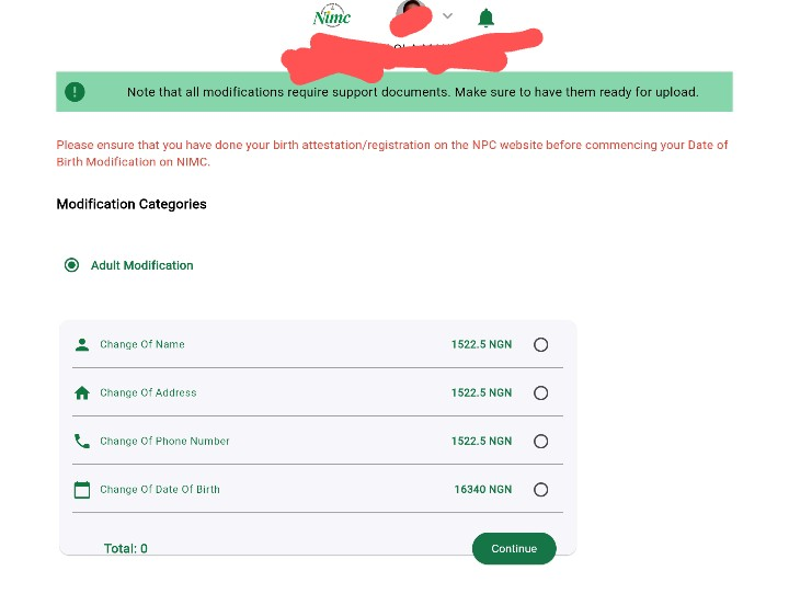 Prices to change any NIN details on NIMC self service portals.